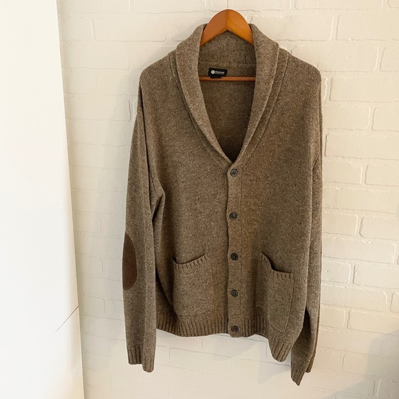 Vintage Men’s Cardigan Shawl collar Kurt Cobain Brown Elbow patches Wool XXL - Picture 2 of 16